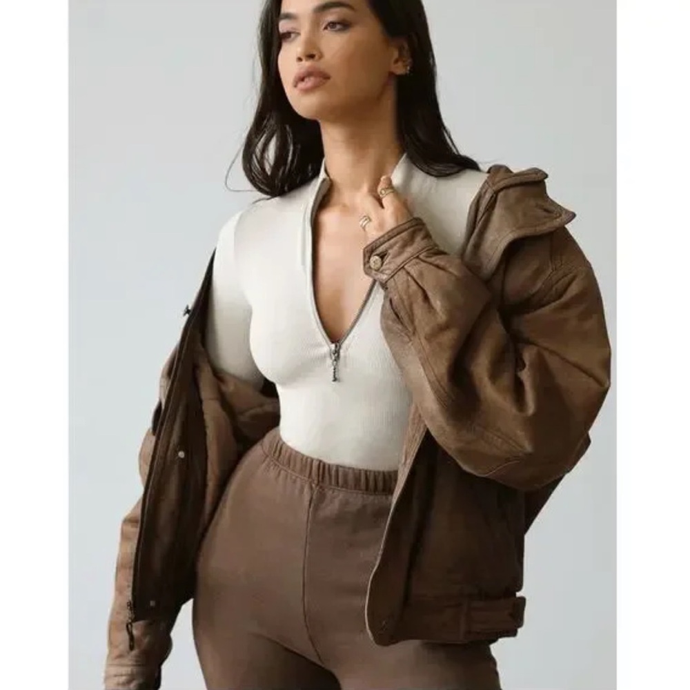 JOAH BROWN BEIGE TAN RIBBED HALF ZIP MOCK NECK LONG SLEEVE TOP - Picture 13 of 13